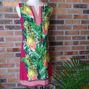 NY&C Watermelon Pineapple Print Midi Sheath Dress Y-Neck Sleeveless S Pink B5